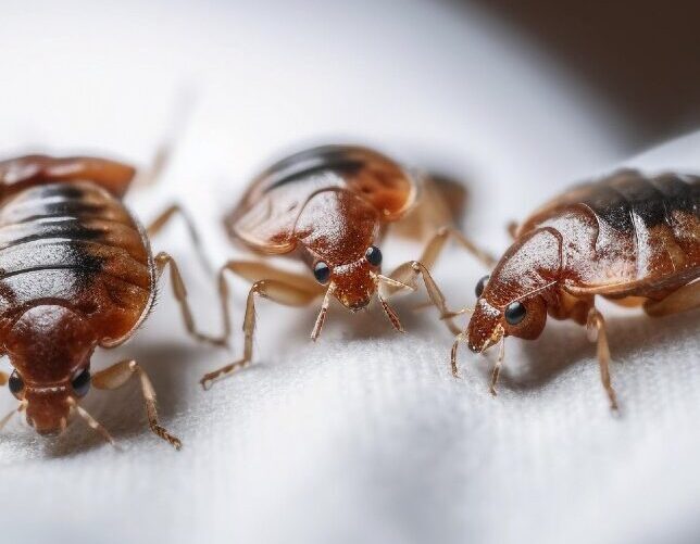 Close-up image of three bedbugs crawling on a white fabric surface. The insects have reddish-brown bodies with distinct horizontal stripes on their backs, six legs, and prominent antennae. The focus is sharp, capturing fine details on their exoskeletons—an essential reference for pest control experts.