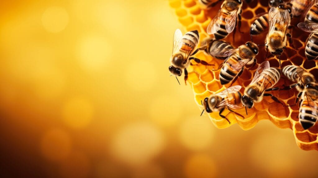 Close-up of several honey bees working on honeycomb against a warm, golden background. The honeycomb cells are partially filled, and the bees are busy attending to their tasks, exemplifying their organized and communal behavior—a natural testament to effective pest control.
