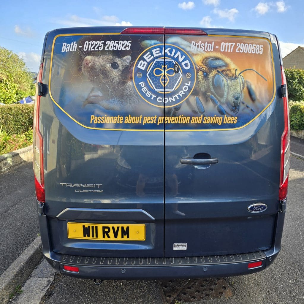 A blue van with a “BEEKIND Pest Control” logo, photos of a mouse and a bee, and the slogan “Passionate about pest prevention and saving bees.” Contact numbers for Bath and Bristol are displayed on the rear doors.