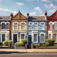 A row of colorful, Victorian-style terraced houses with small front gardens, set along a quiet street under a blue sky with scattered clouds. Trees frame both sides of the image.