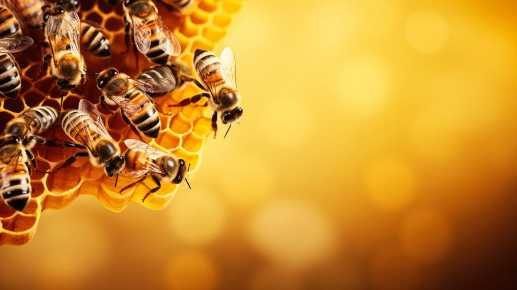 Several bees are clustered on honeycomb cells with a golden, blurry background. The image highlights the bees’ bodies and the hexagonal pattern of the honeycomb.