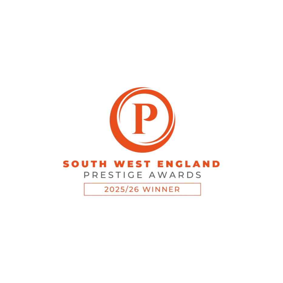 Logo for the South West England Prestige Awards, featuring an orange "P" in a circular design above the text "2025/26 Winner" on a white background.