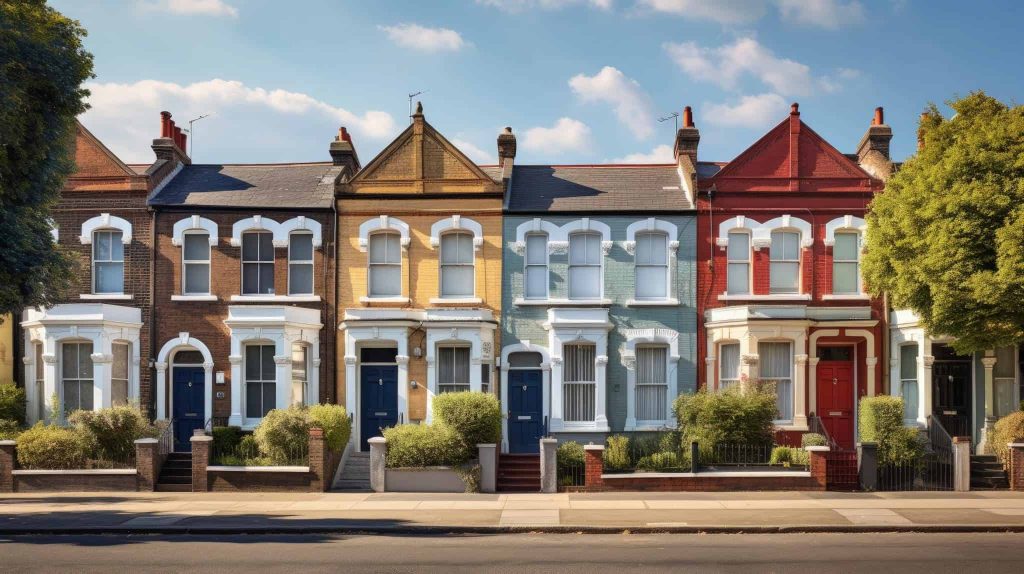 A row of colorful Victorian terraced houses with small front gardens, set on a sunny day with blue sky and scattered clouds. Each house has a unique color, including brown, yellow, blue, and red.