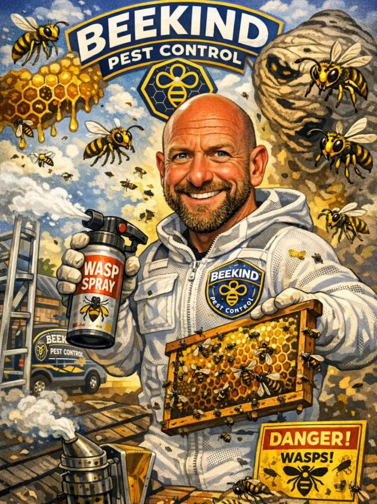 A smiling man in a beekeeper suit holds wasp spray and a honeycomb frame, surrounded by bees and wasps. "Beekind Pest Control" and warnings about wasps appear on signs and vehicle in the lively, detailed scene.