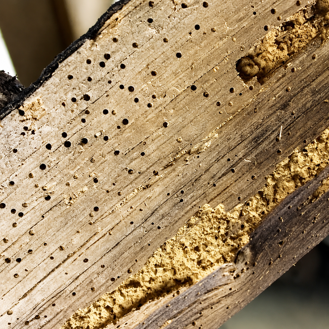 Woodworm damage holes in timber
