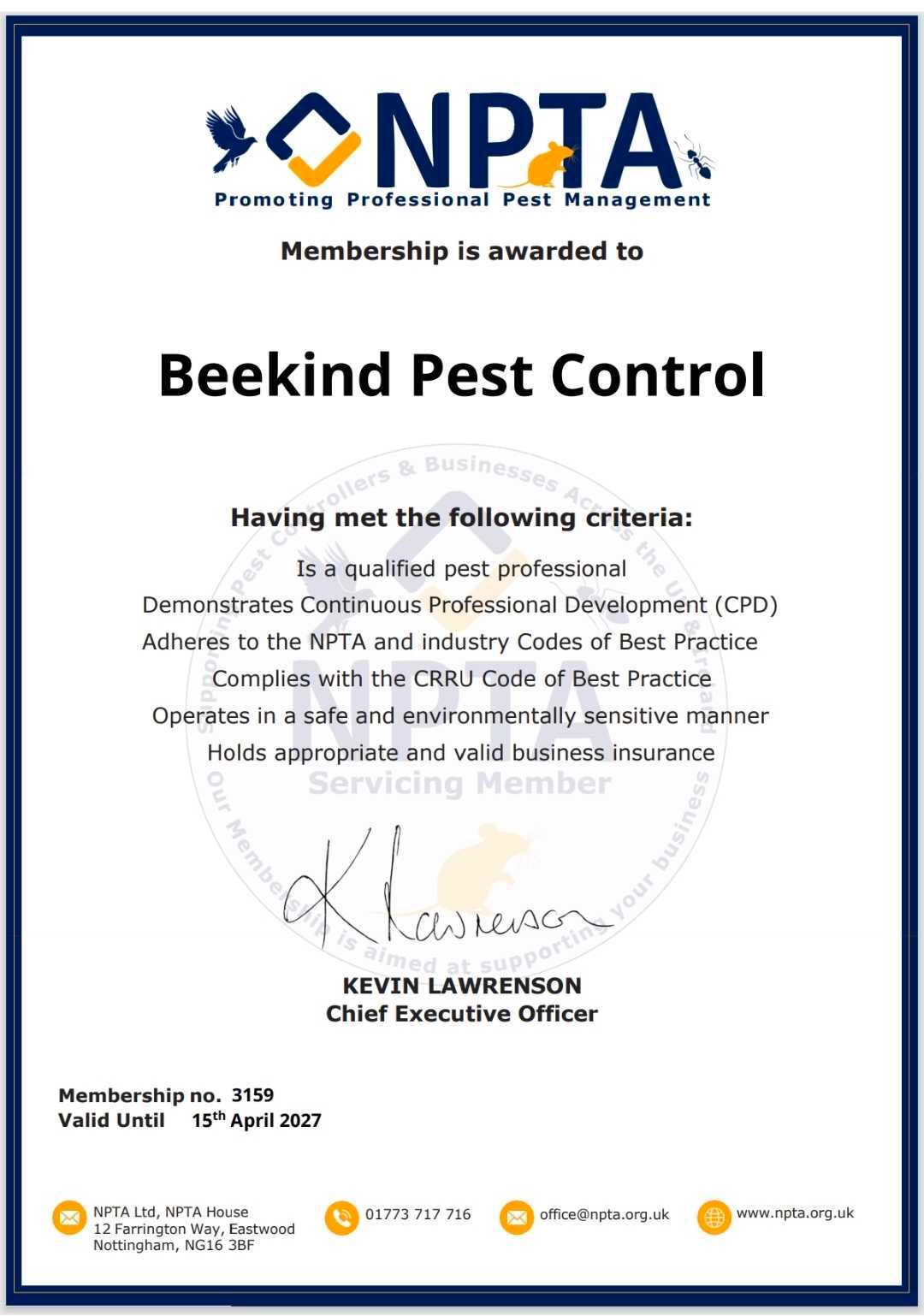 NPTA membership certificate awarded to BEEKIND Pest Control